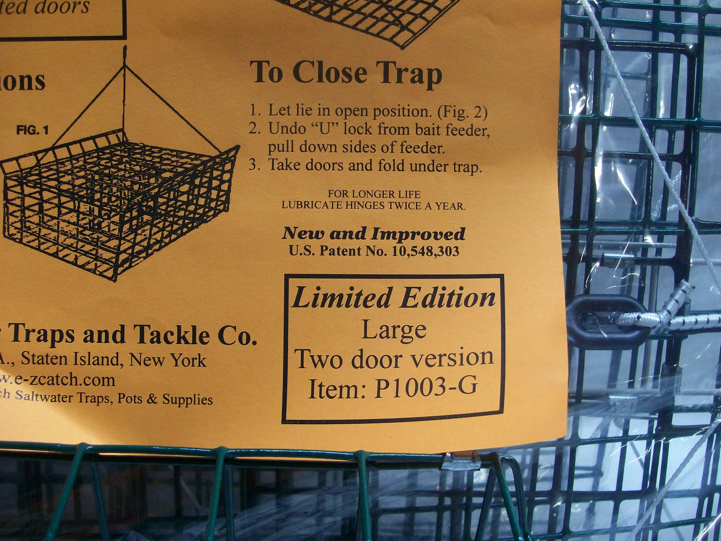 E-Z Catch 6-Pack ( Patent ) Stow-A-Way 2-Door Folding Blue Crab Trap with Bait Holder P-1003-G