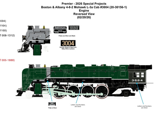 E-Z Catch Custom Run MTH Premier # 20-30156-1 Boston & Albany 4-8-2 Mohawk L-3a Cab #3004 (ETA Early 2027)