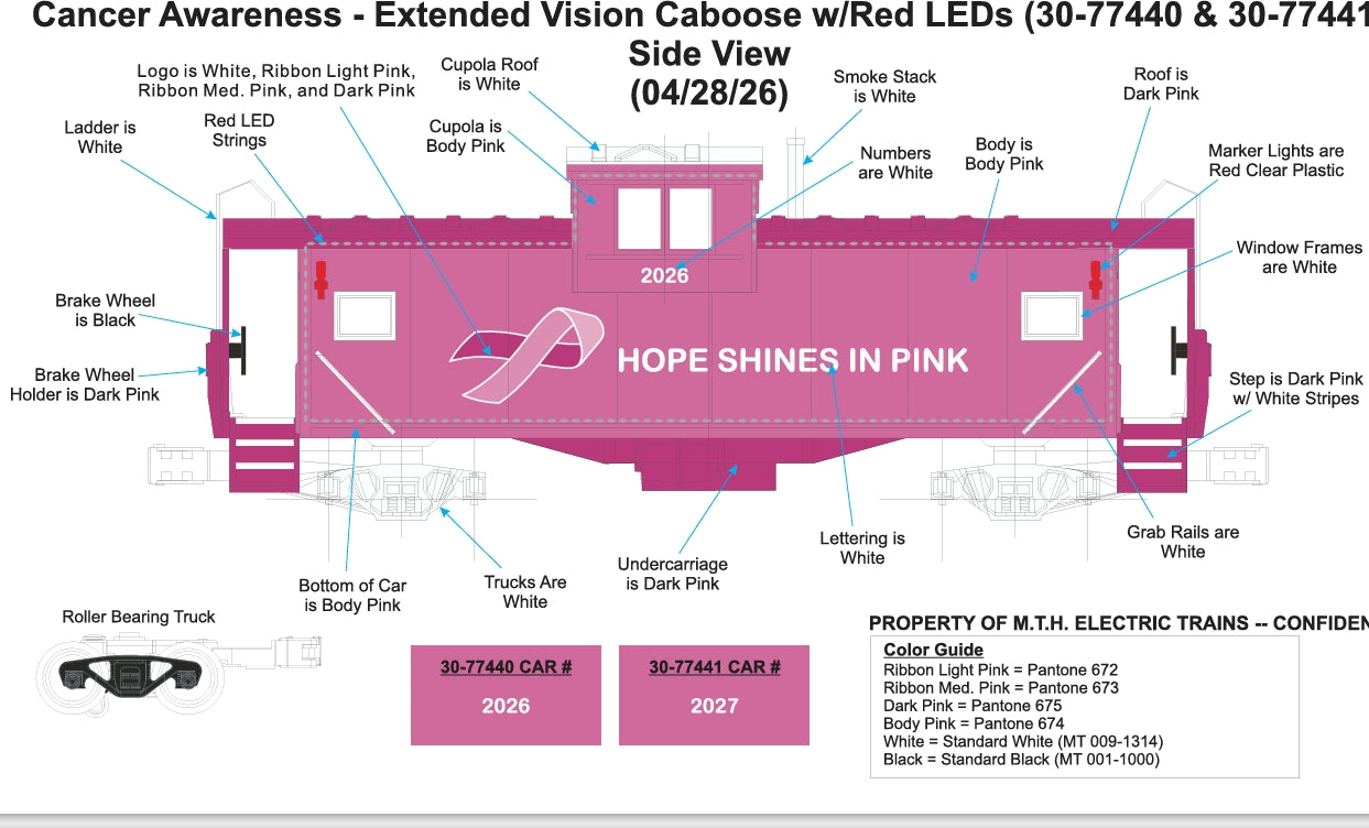 Pre Order E-Z Catch Custom MTH ( Cancer Awareness Hope shines in Pink ) # 2027 Caboose with LED Lights