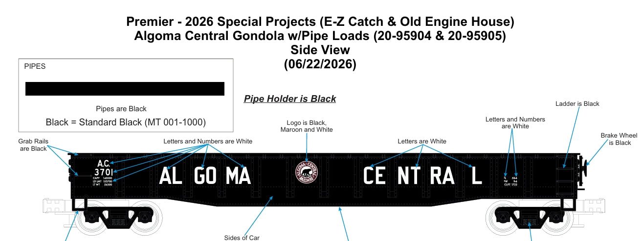 ** Pre Order ** MTH Custom Algoma Central Gondola w/Pipe Loads Premier Rd # 3597 ( 20-95904 )