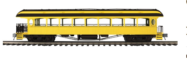 Sold Out  (ETA Nov 2026) MTH Premier # 20-62202 O Scale 64’ Open Air Woodside Observation Car "UNLETTERED" (YELLOW)