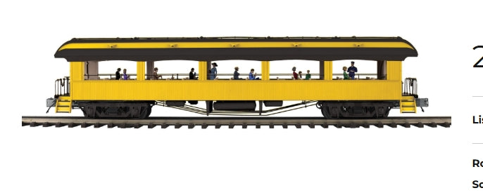 SOLD OUT  (ETA Nov 2026) MTH Premier # 20-62201 O Scale 64’ Open Air Woodside Coach Car "UNLETTERED" (YELLOW)