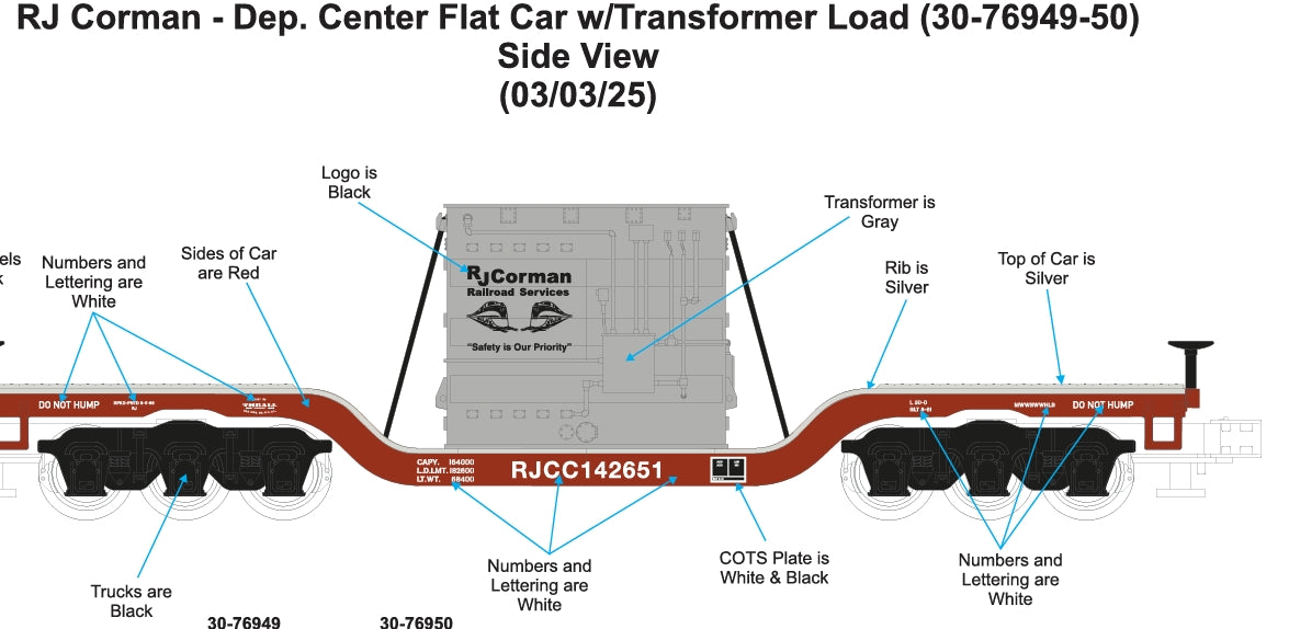 ETA Sept/Oct 2025 MTH Custom Railking RJ Corman Dep. Center Flat Car w/Transformer Load Rd # RJCC142656