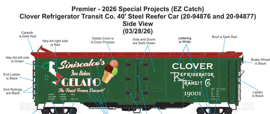 Pre Order ETA Late 2026 MTH Custom Clover Refrigerator Transit Siniscalco's Gelato 40 foot steel reefer