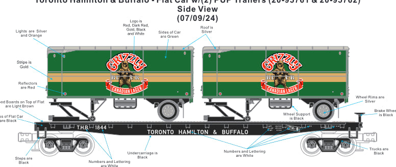 ETA May 2025 Toranto Hamilton & Buffalo Flatcar with Grizzly Beer Pup Trailers # 20-95761 Rd # 1844