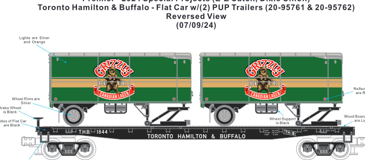 ETA May 2025 Toranto Hamilton & Buffalo Flatcar with Grizzly Beer Pup Trailers # 20-95761 Rd # 1844